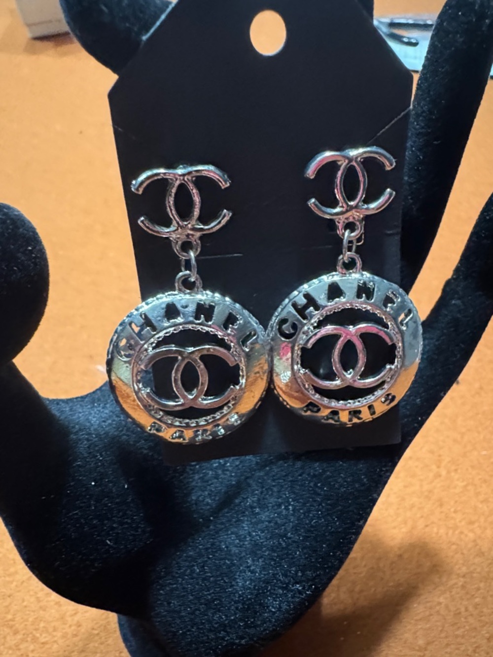 CC Silver Double-C Logo Earrings